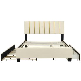 Queen Size Upholstered Platform Bed with 2 Drawers and 1 Double Trundle, Classic Metal Strip Headboard Design
