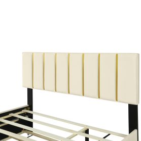 Queen Size Upholstered Platform Bed with 2 Drawers and 1 Double Trundle, Classic Metal Strip Headboard Design