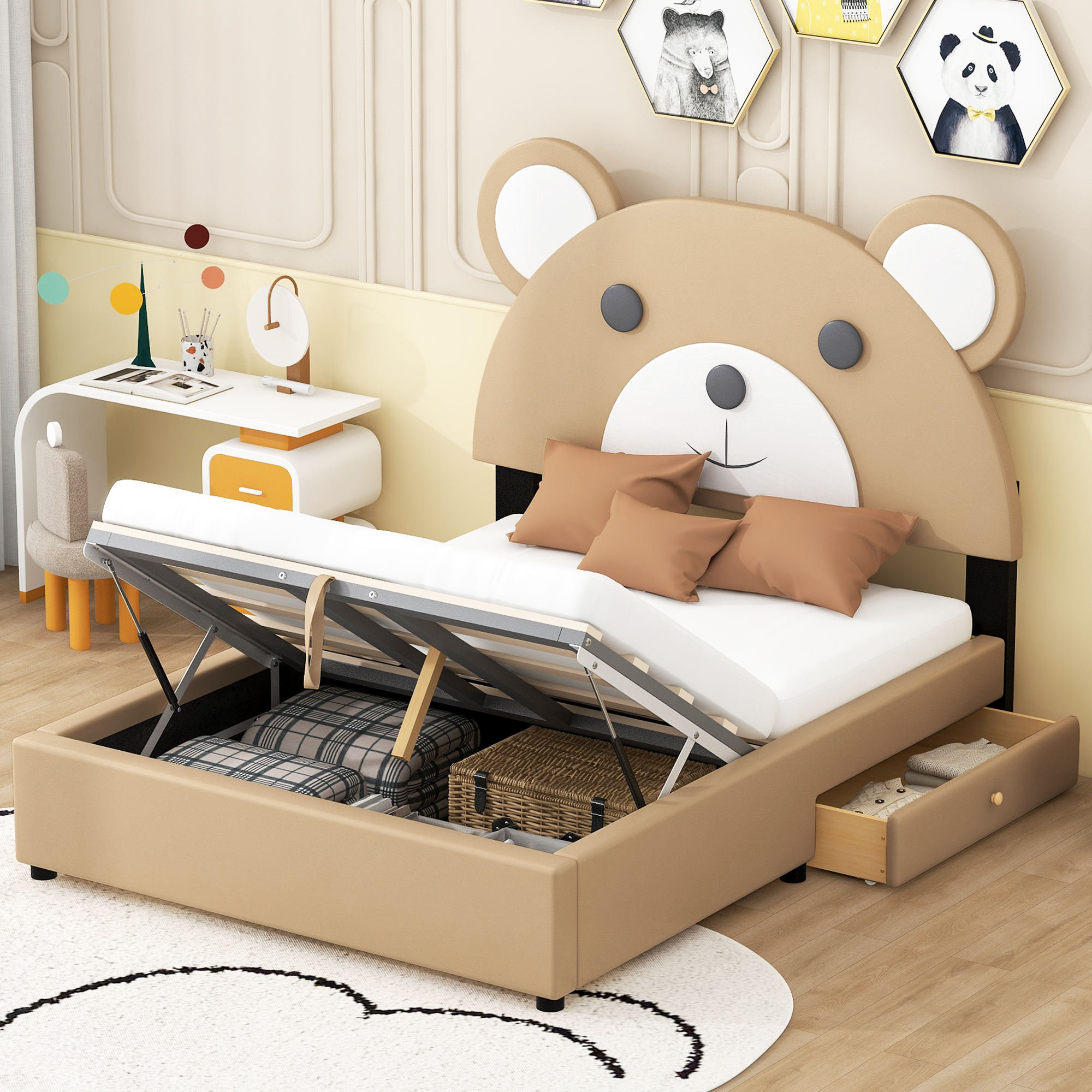 Twin Size Upholstery Platform Bed Frame with Cute Bear Shaped Headboard and Two Storage Drawers