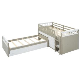 Space-Saving Twin Loft and Twin Platform Bed with 7 Drawers and Full Guardrails