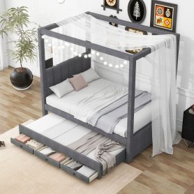 Twin Size Upholstery Canopy Platform Bed with Trundle and Three Storage Drawers