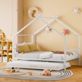 Full Size Metal House Bed With Twin Size Trundle