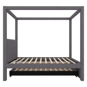 Twin Size Upholstery Canopy Platform Bed with Trundle and Three Storage Drawers