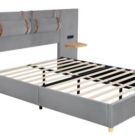 Queen Size Upholstered Platform Bed, Two Outlets and USB Charging Ports on Both Sides, Two Bedside Pillows, Storage Shelves