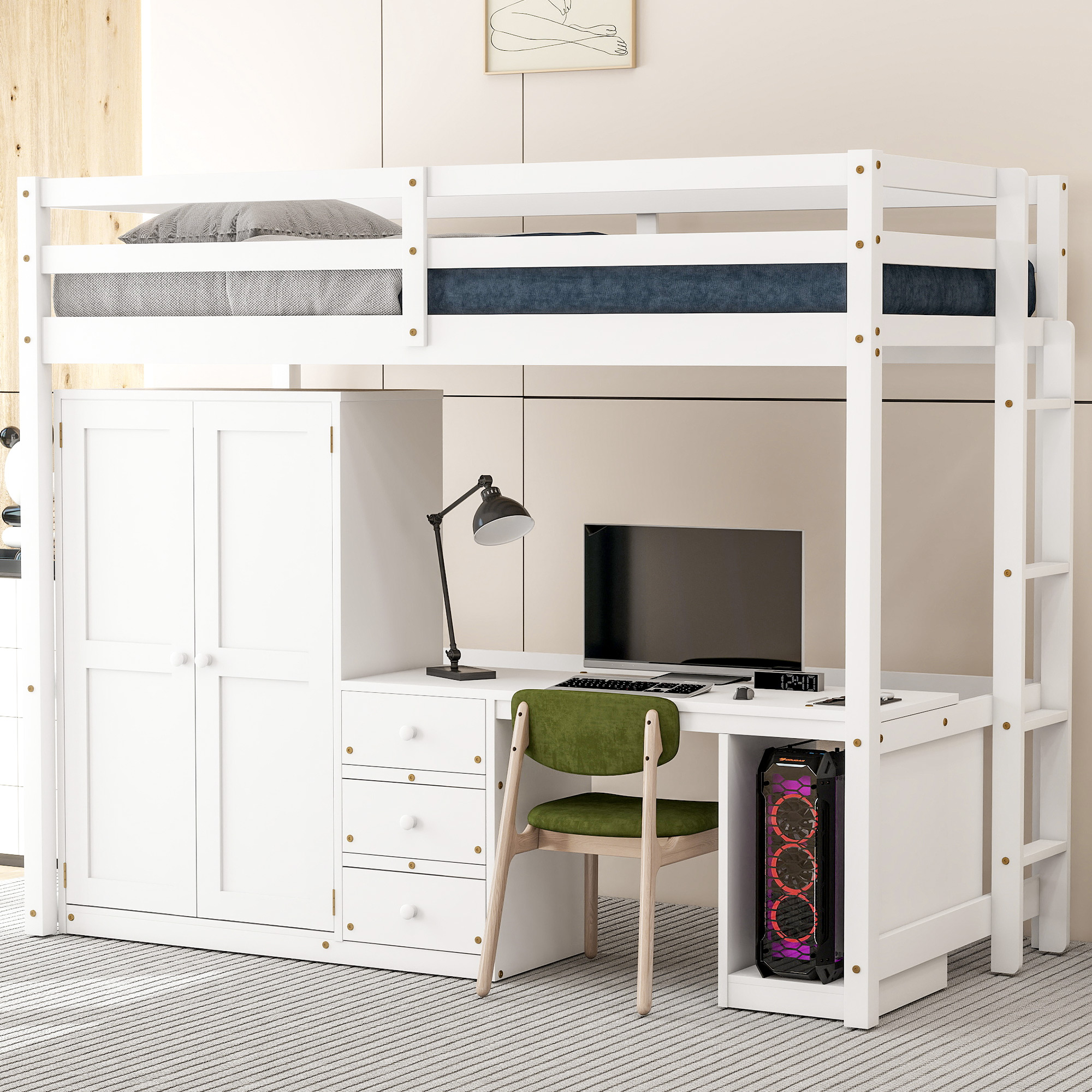 Twin Size Loft Bed With Wardrobe, Desk And Storage Drawers
