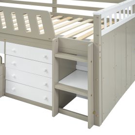 Space-Saving Twin Loft and Twin Platform Bed with 7 Drawers and Full Guardrails