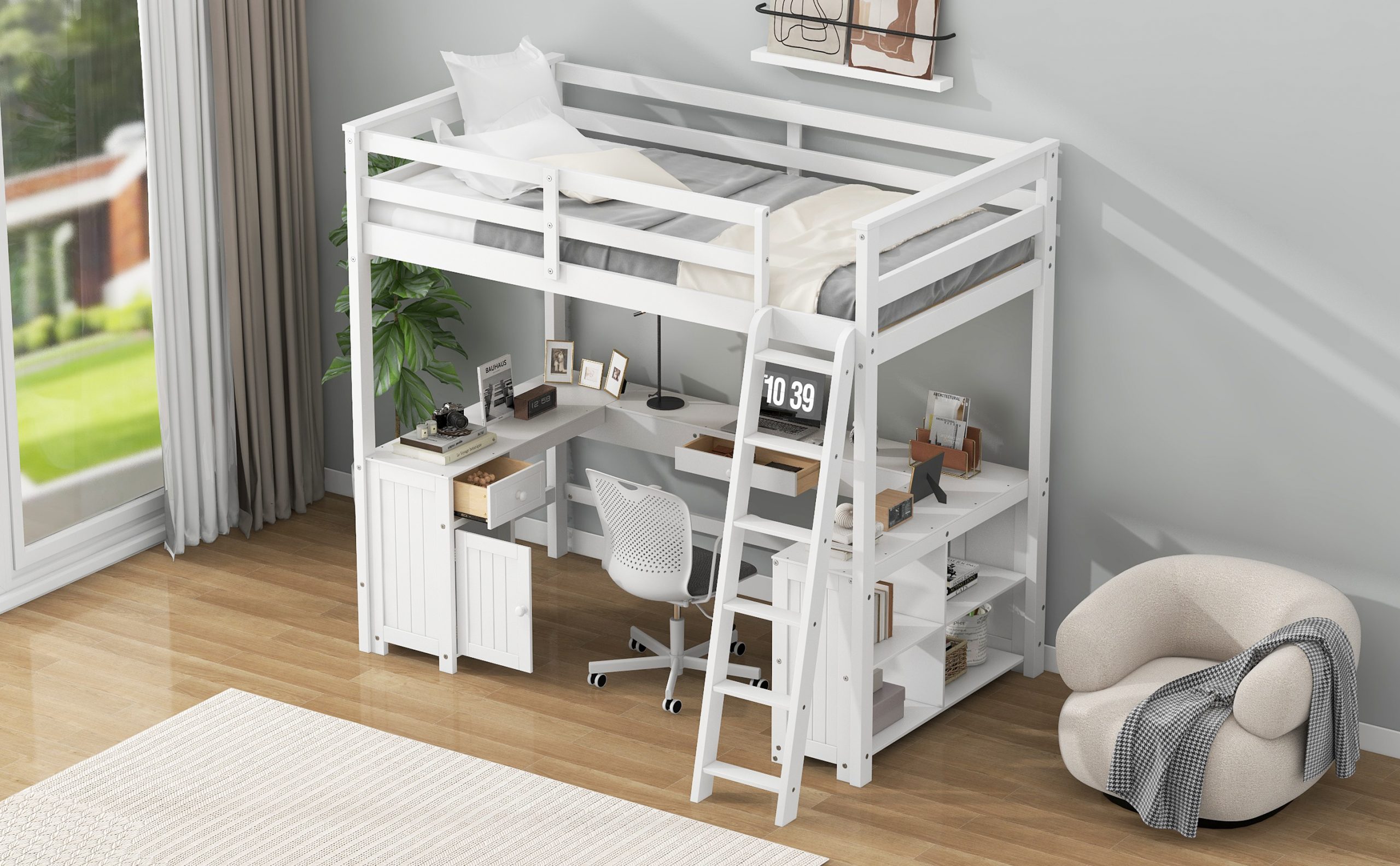 Full Size Loft Bed with U-shaped Desk, Drawers and Storage Shelves 8 Full Size Loft Bed with U-shaped Desk, Drawers and Storage Shelves