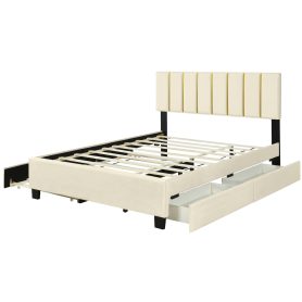 Queen Size Upholstered Platform Bed with 2 Drawers and 1 Double Trundle, Classic Metal Strip Headboard Design