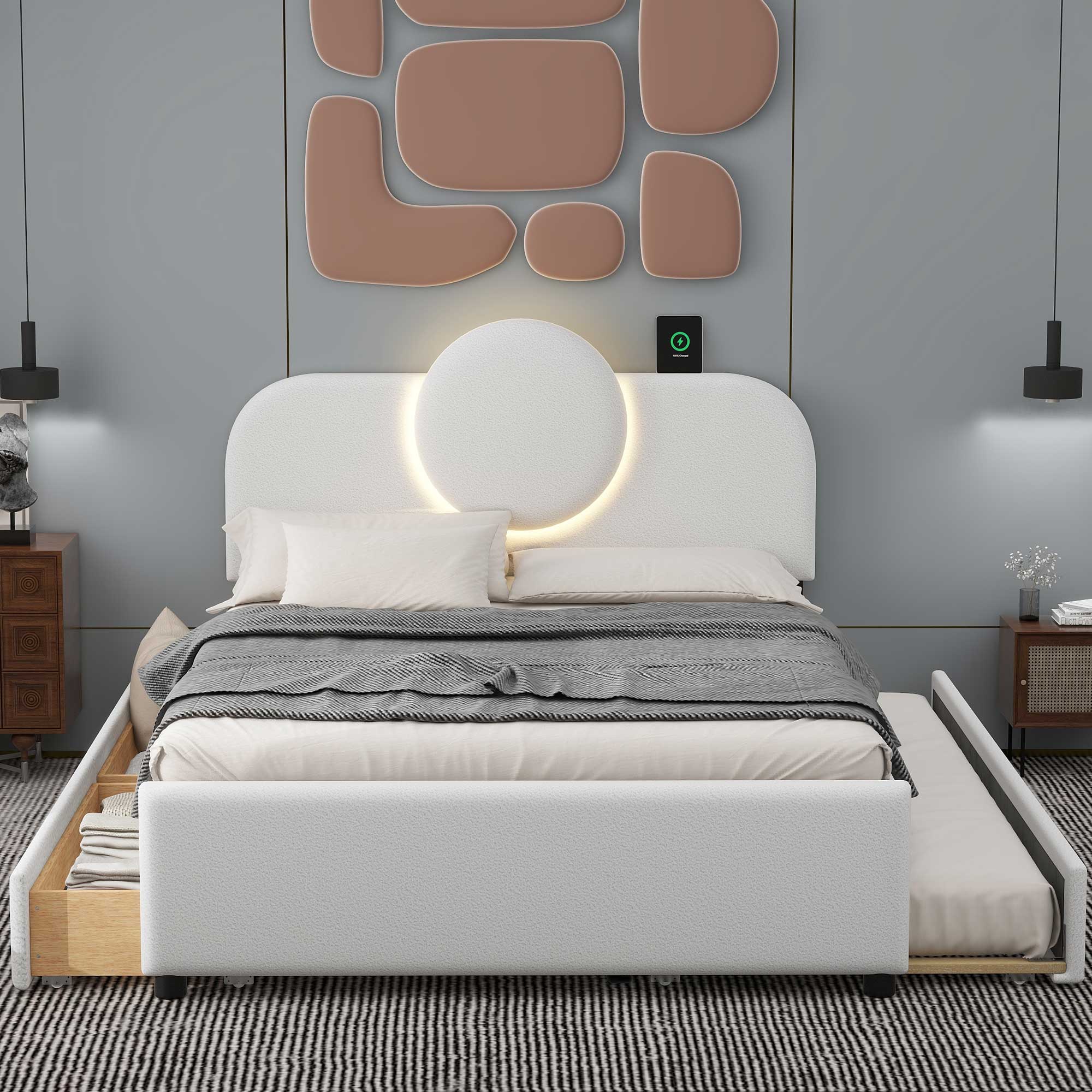 Full Size Upholstered Platform Bed With Multi-functional Headboard, Trundle And 2 Drawers
