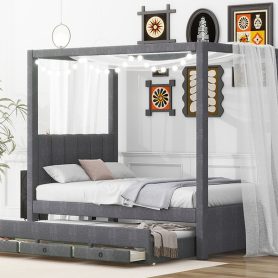 Twin Size Upholstery Canopy Platform Bed with Trundle and Three Storage Drawers