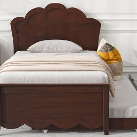 Twin Size Wood Platform Bed with Headboard and Twin Size Trundle
