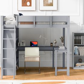 Full Size Loft Bed with Ladder, Desk and Shelf