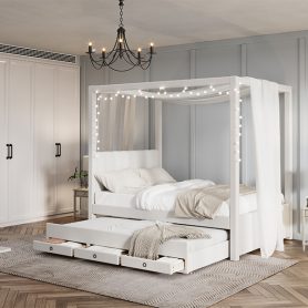 Full Size Upholstery Canopy Platform Bed with Trundle and Three Storage Drawers
