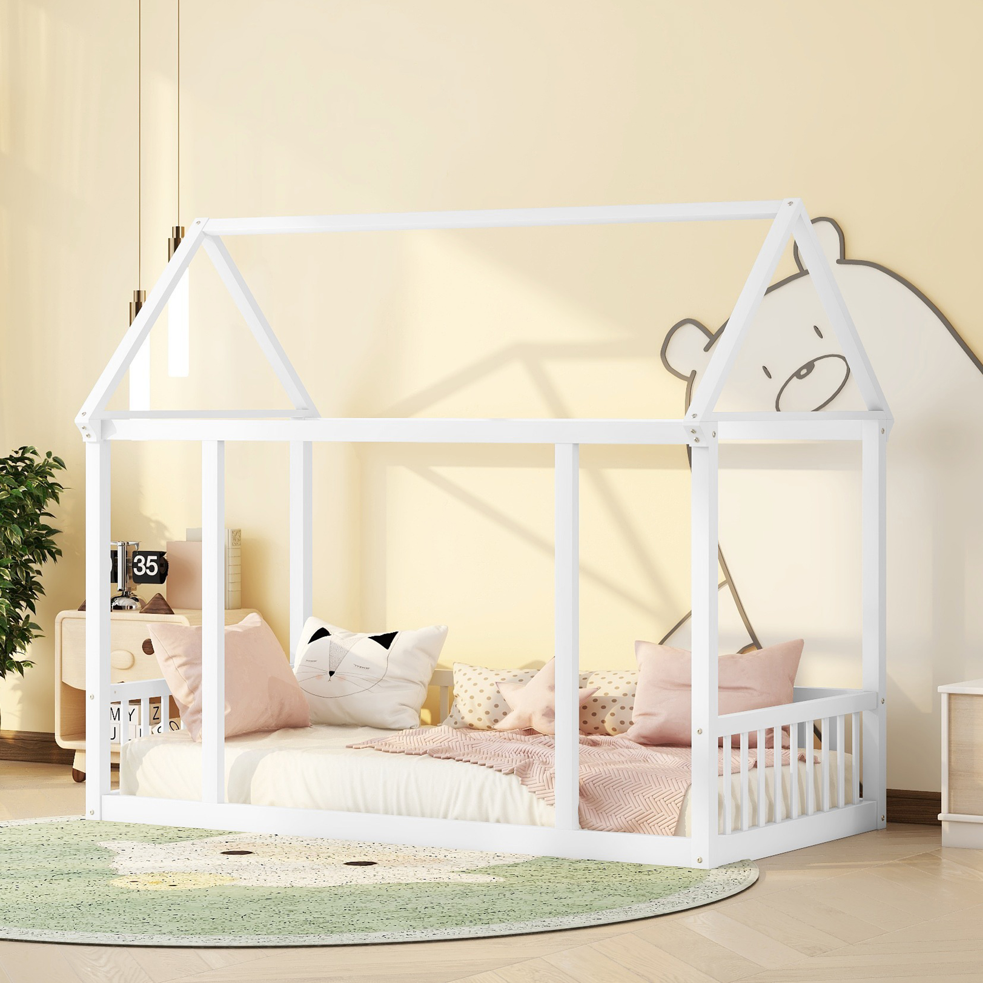 Twin Size Floor Wooden Bed with House Roof Frame and Safety Guardrails
