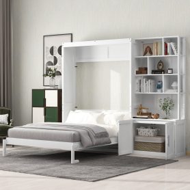 Full Size Murphy Bed with Multiple Storage Shelves and A Cabinet