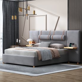 Queen Size Upholstered Platform Bed, Two Outlets and USB Charging Ports on Both Sides, Two Bedside Pillows, Storage Shelves