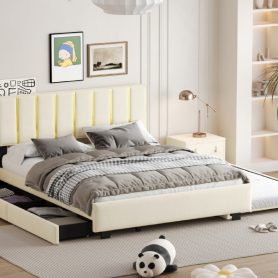 Queen Size Upholstered Platform Bed with 2 Drawers and 1 Double Trundle, Classic Metal Strip Headboard Design