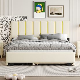 Queen Size Upholstered Platform Bed with 2 Drawers and 1 Double Trundle, Classic Metal Strip Headboard Design