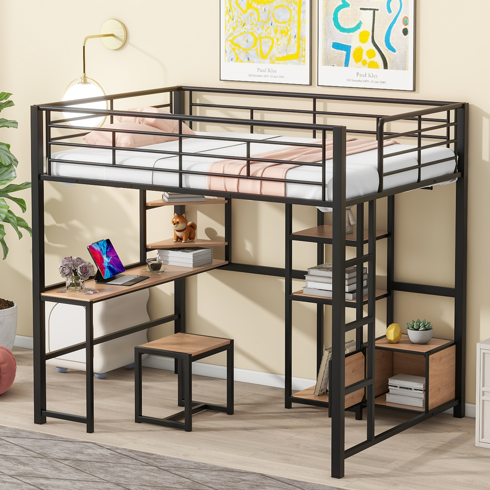 Full Size Metal Loft Bed With Open-style Wardrobe, Shelves And Cabinet