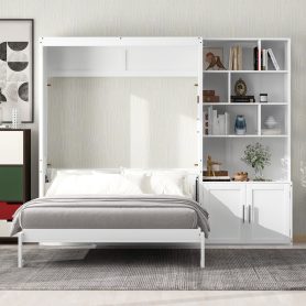 Full Size Murphy Bed with Multiple Storage Shelves and A Cabinet