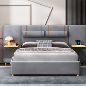 Queen Size Upholstered Platform Bed, Two Outlets and USB Charging Ports on Both Sides, Two Bedside Pillows, Storage Shelves