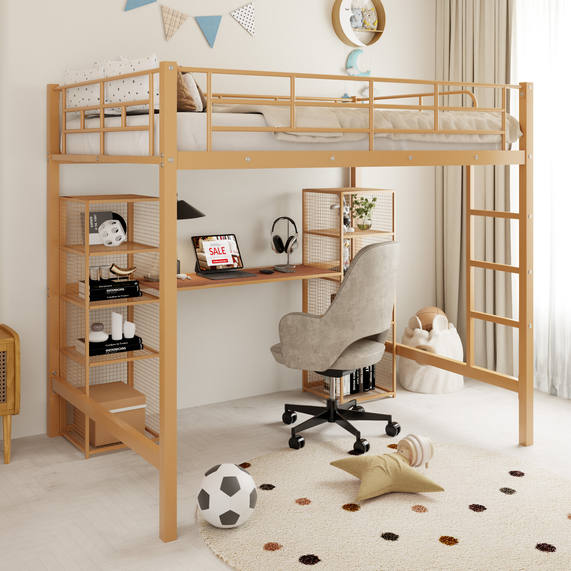 Full Size Metal Loft Bed with Built-in Desk and Shelves