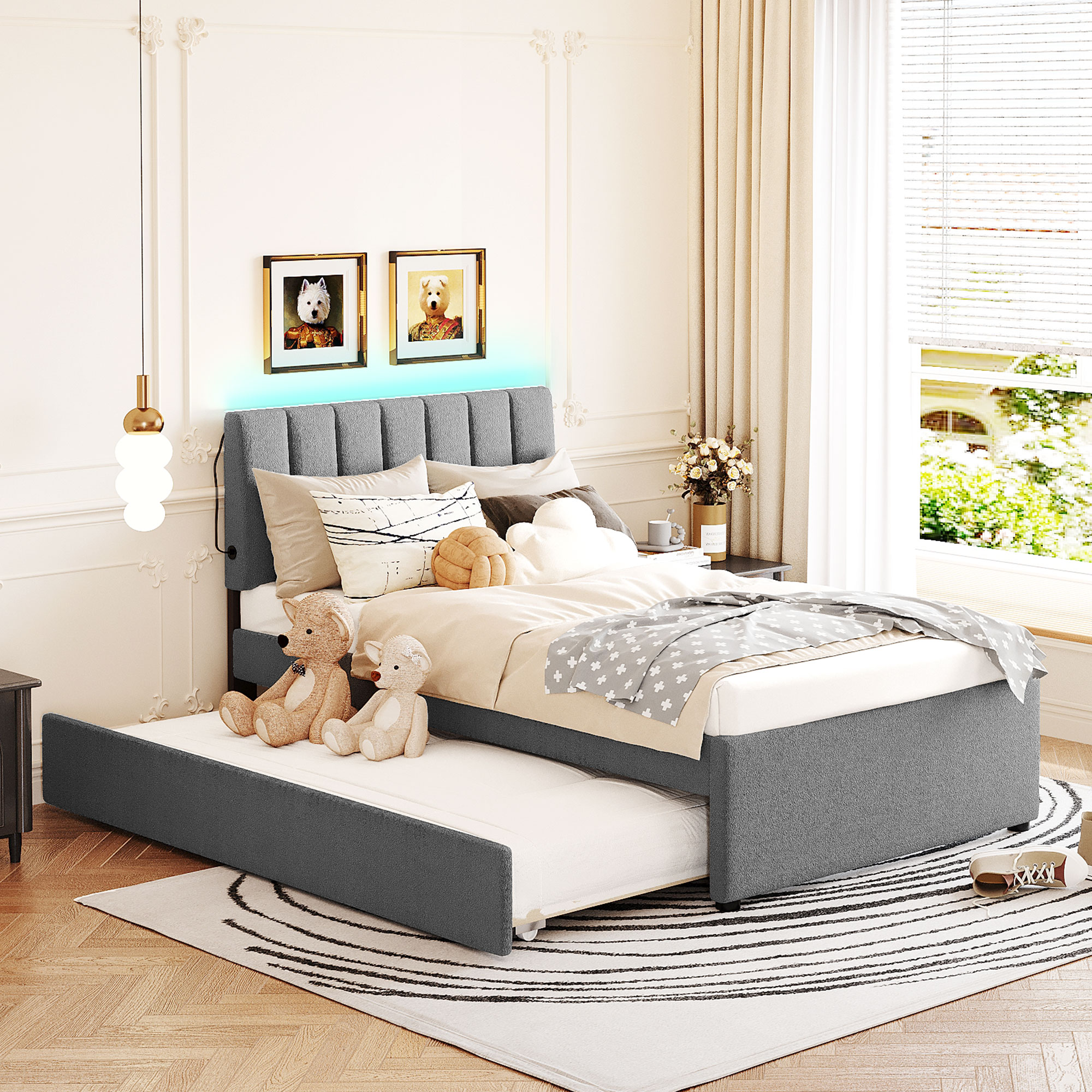 Teddy Fleece Twin Size Upholstered Platform Bed with Trundle