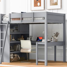 Full Size Loft Bed with Ladder, Desk and Shelf