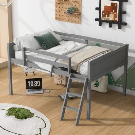 Full Size Wood Low Loft Bed With Ladder, Ladder Can Be Placed On The Left Or Right