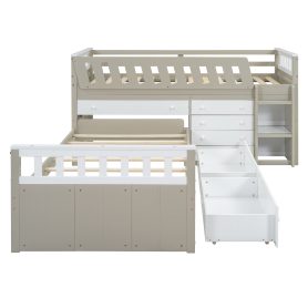 Space-Saving Twin Loft and Twin Platform Bed with 7 Drawers and Full Guardrails