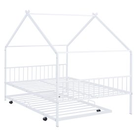 Full Size Metal House Bed With Twin Size Trundle