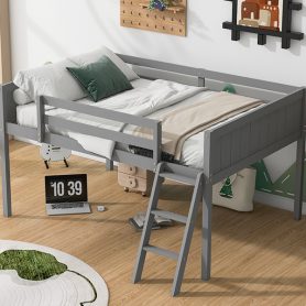 Full Size Wood Low Loft Bed With Ladder, Ladder Can Be Placed On The Left Or Right