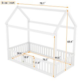 Twin Size Wood House Bed with Fence and Door