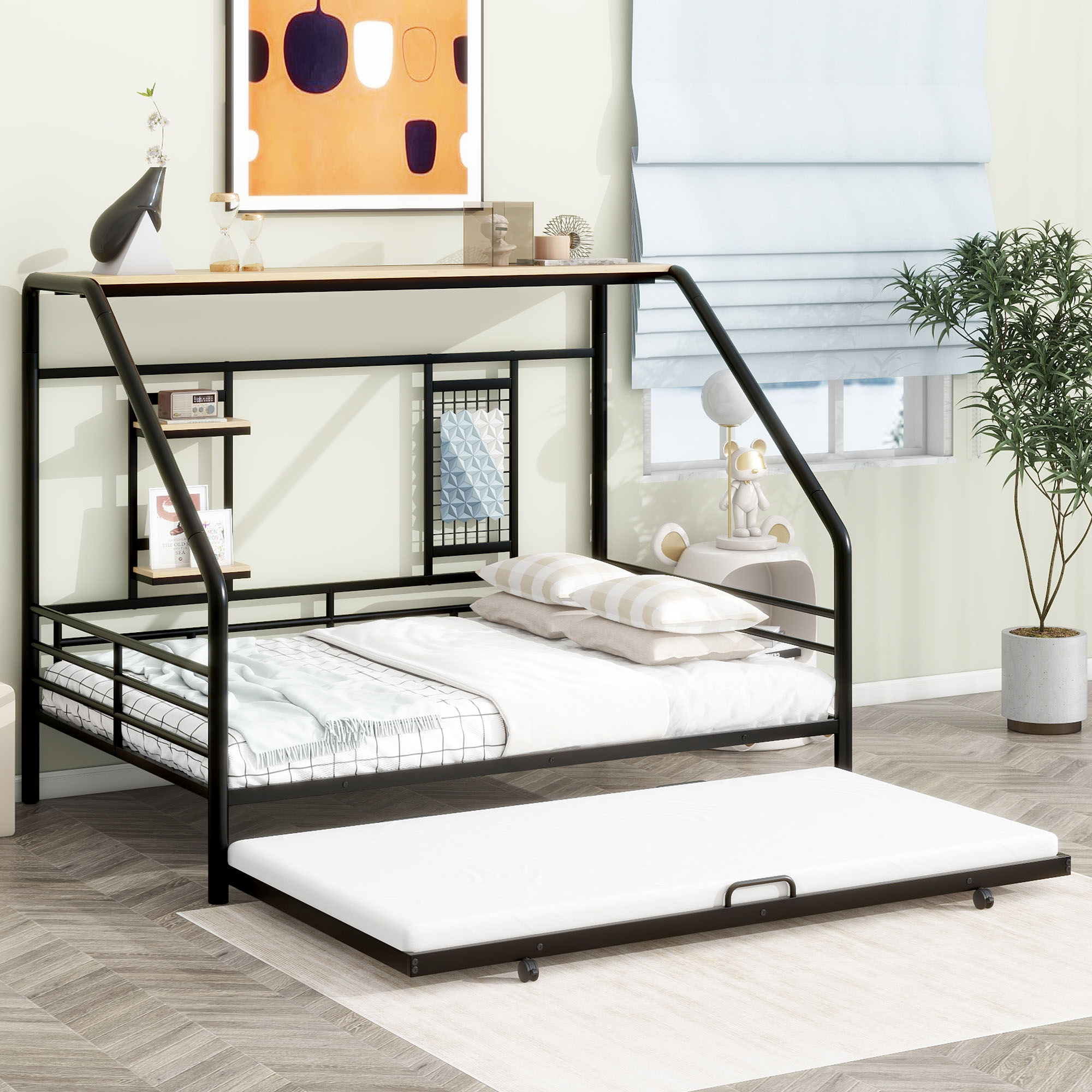Full Size Metal House Bed With Trundle
