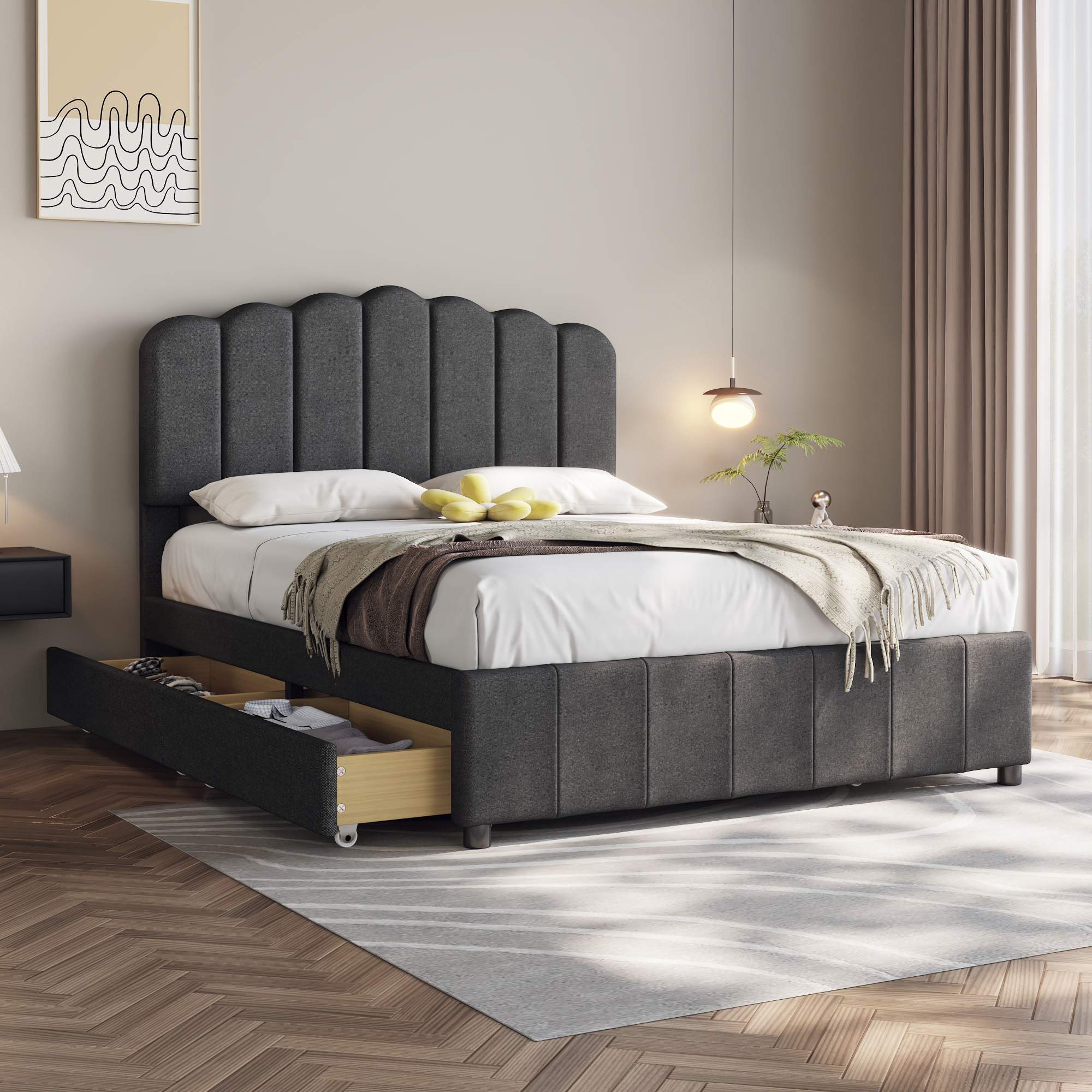Full Size Upholstered Platform Bed with 4 Storage Drawers, Wood Slat Support