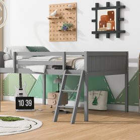 Full Size Wood Low Loft Bed With Ladder, Ladder Can Be Placed On The Left Or Right