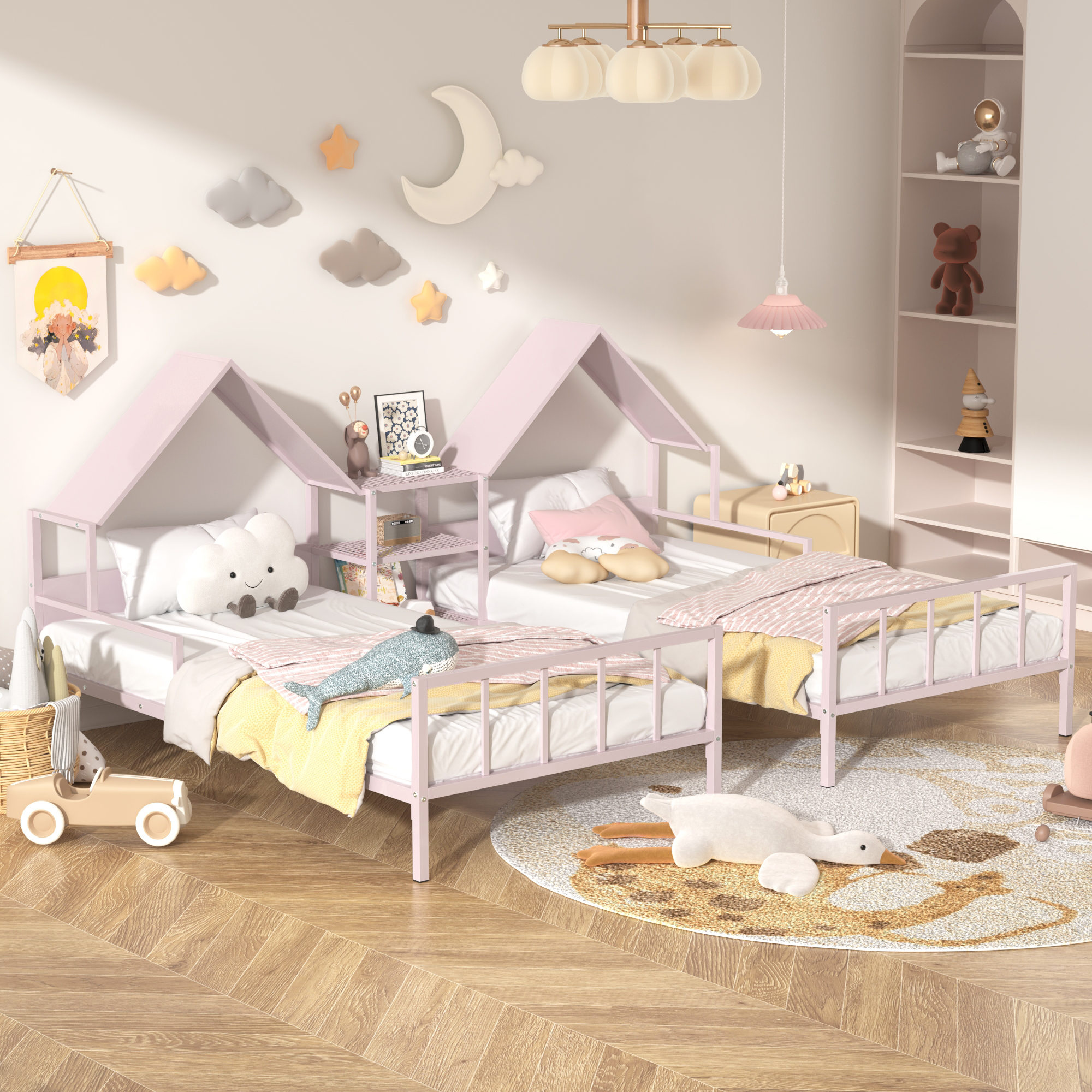 Metal Double Twin Size Platform Bed with House-shaped Headboard and a Built-in Nightstand