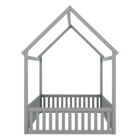 Full Size Wood House Bed With Fence And Door
