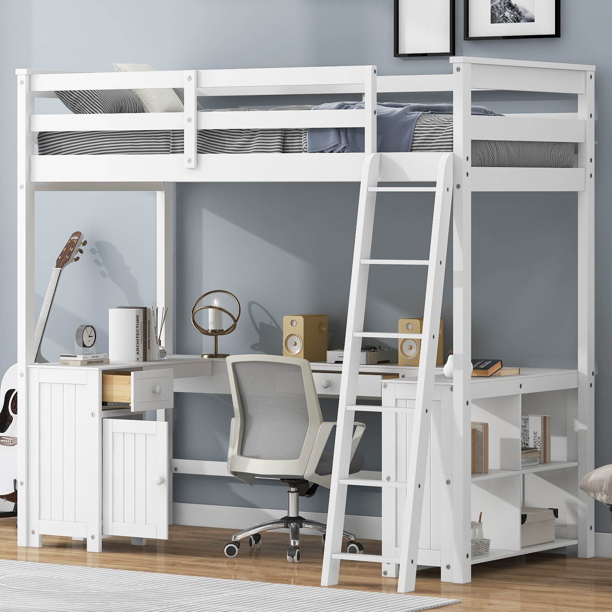 Twin Size Loft Bed with U-Shaped Desk, Drawers and Storage Shelves