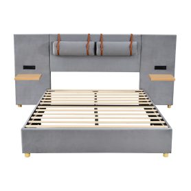 Queen Size Upholstered Platform Bed, Two Outlets and USB Charging Ports on Both Sides, Two Bedside Pillows, Storage Shelves