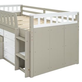 Space-Saving Twin Loft and Twin Platform Bed with 7 Drawers and Full Guardrails