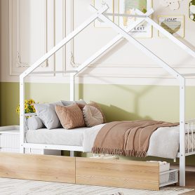 Twin Size Metal House Bed With Two Drawers