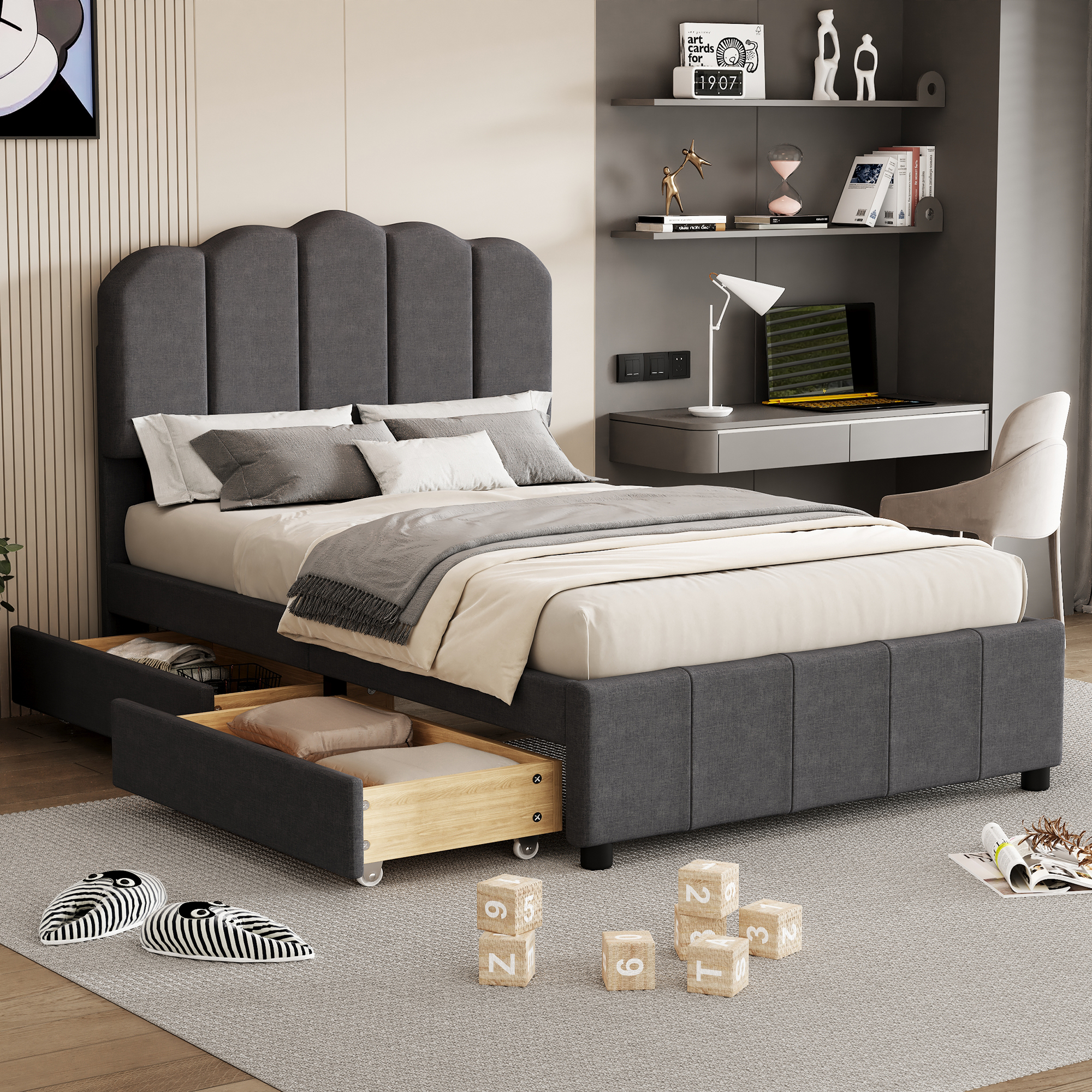 Twin Size Upholstered Platform Bed With 2 Storage Drawers, Wood Slat Support