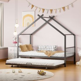 Twin Size Metal House Bed with Twin Size Trundle