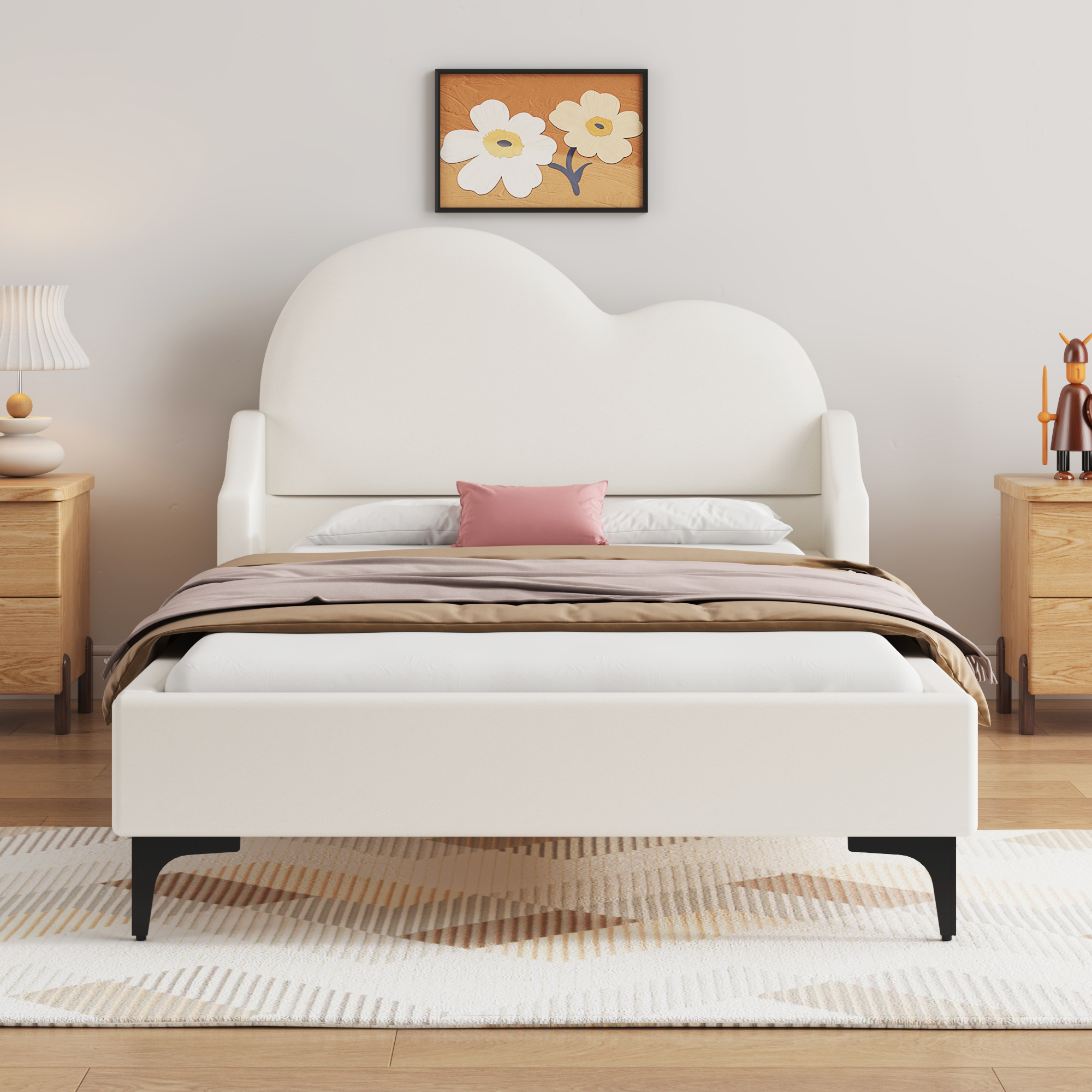 Twin Size Upholstered Platform Bed With Cloud-shaped Headboard