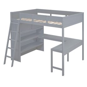 Full Size Loft Bed with Ladder, Desk and Shelf