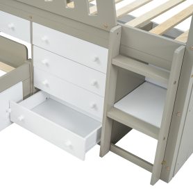 Space-Saving Twin Loft and Twin Platform Bed with 7 Drawers and Full Guardrails