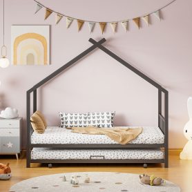 Twin Size Metal House Bed with Twin Size Trundle