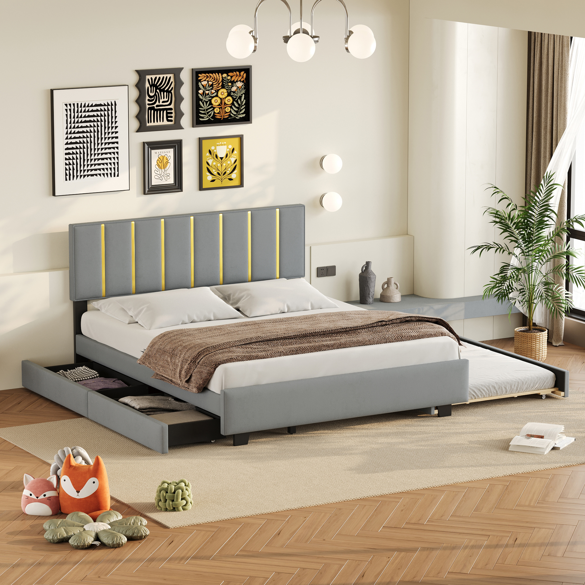 Queen Size Upholstered Platform Bed with 2 Drawers and 1 Double Trundle, Classic Metal Strip Headboard Design