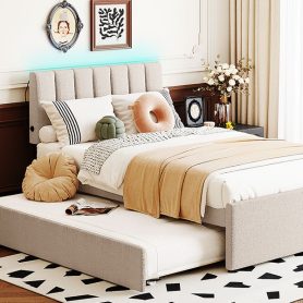 Teddy Fleece Twin Size Upholstered Platform Bed with Trundle